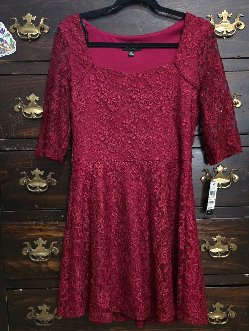 BCX Burgundy Lace Midi Dress with Scoop Neck